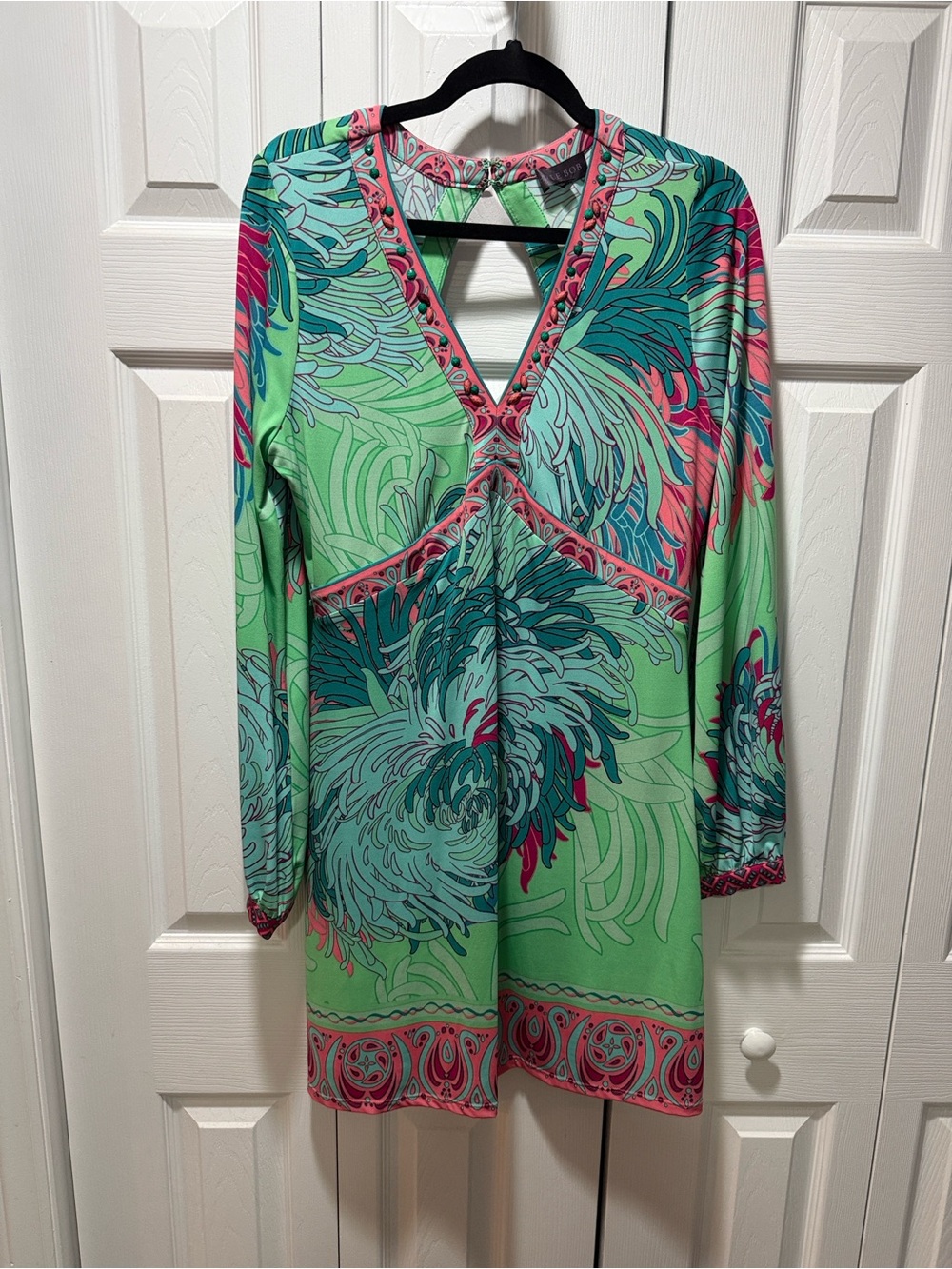 Hale Bob Green Floral V-Neck Long Sleeve Tunic Dress with Pink & Teal Accents